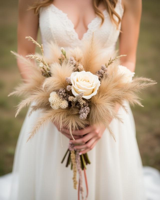 Boho-inspirierter Brautstrauß mit Pampasgras, Rosen und Trockenblumen