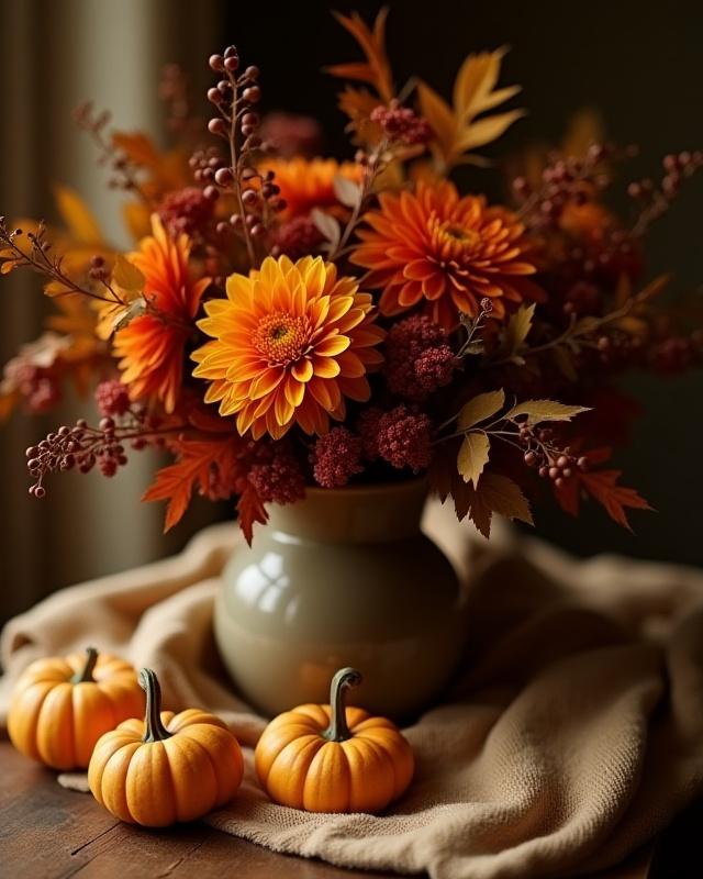 Gemütliches Herbstgesteck mit Dahlien, Beeren und getrockneten Blättern