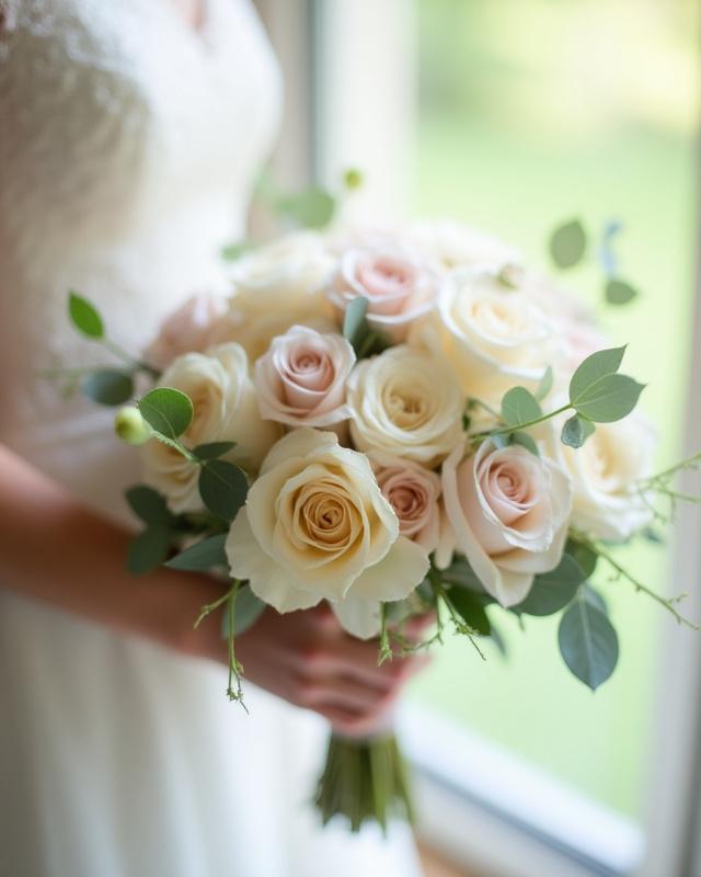 Eleganter Hochzeitsstrauß in Pastelltönen mit Rosen und Eukalyptus