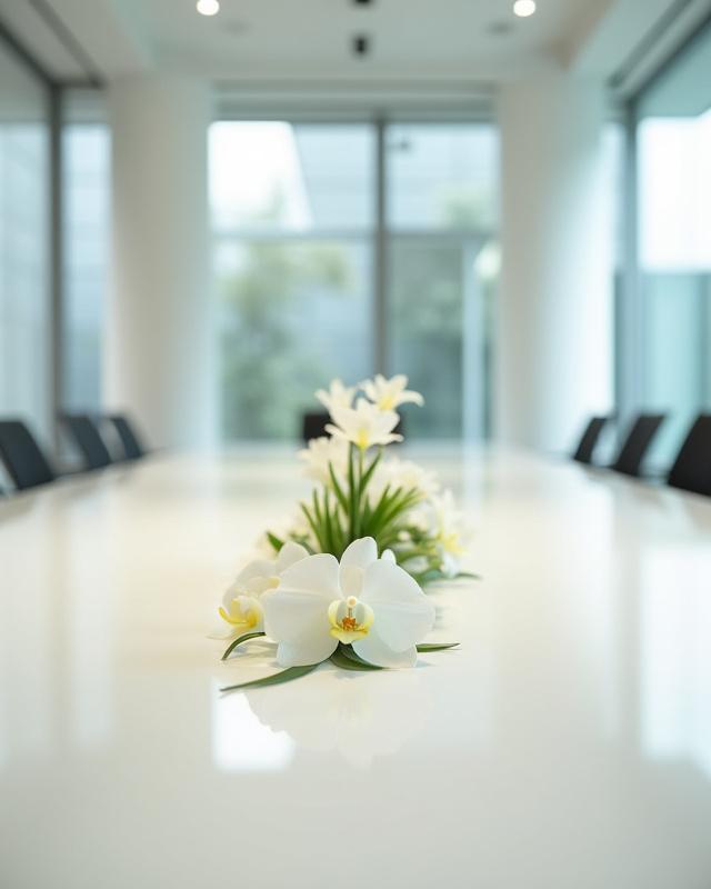 Eleganter Blumenschmuck für einen Konferenzraum, modern und minimalistisch